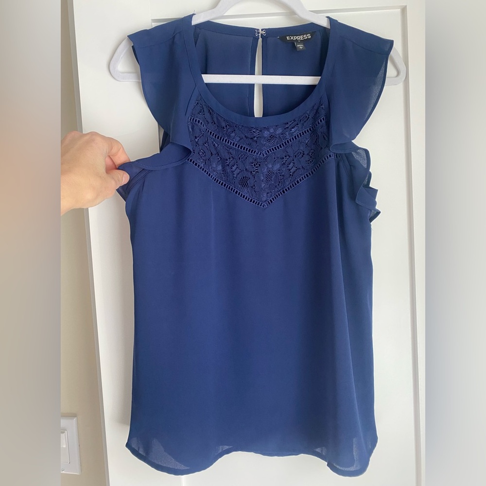 Express Navy Lacy Ruffle and Lace sleeveless Blouse size S Corpcore
